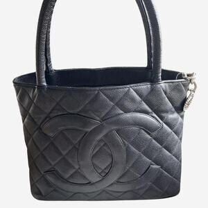 Chanel Medallion Tote Quilted Caviar Dark Navy With Silver Hardware